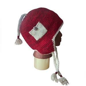 Everest designs hand made wool Cozy Red Knit Earflap Hat with warm fleece lining